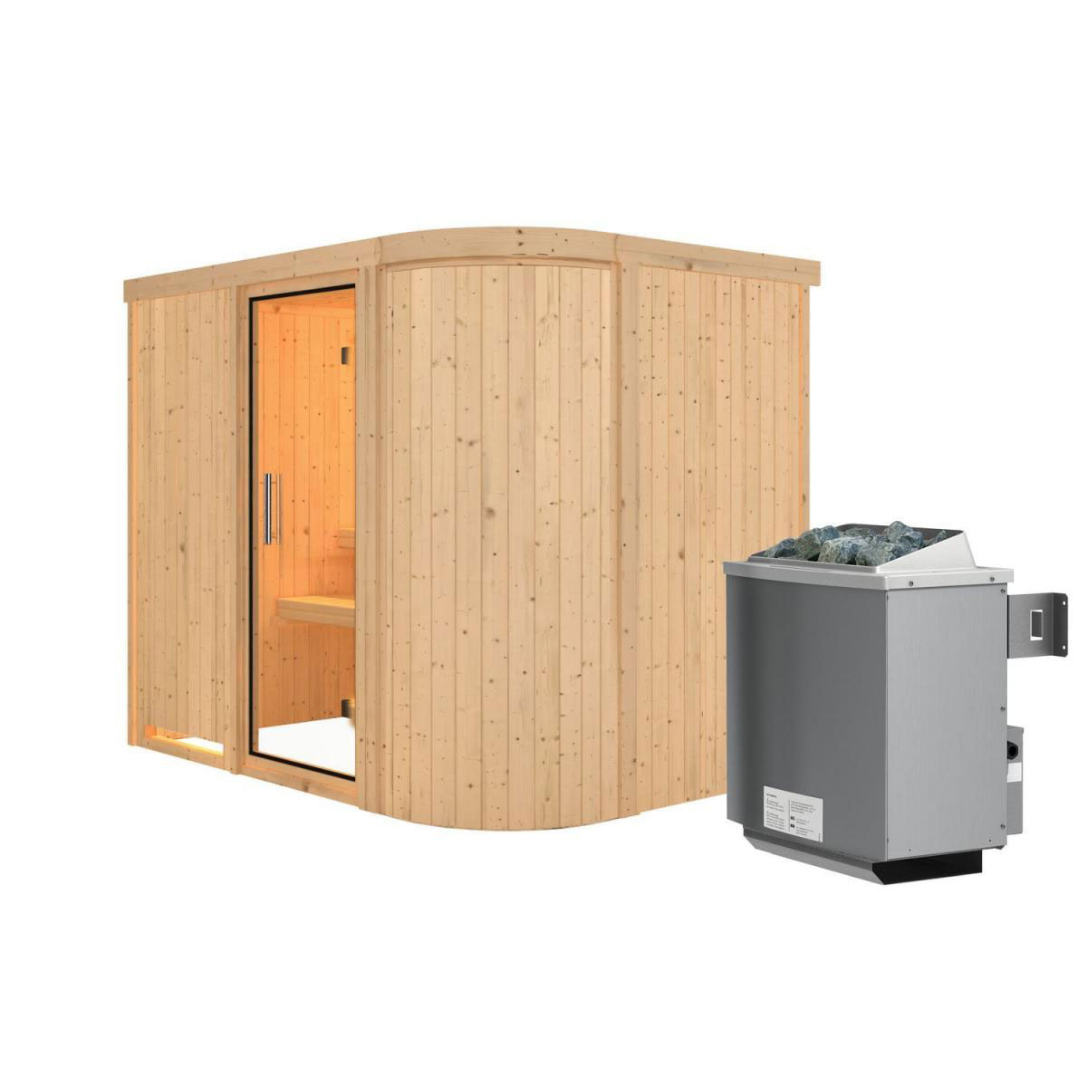Karibu Sauna Titania 4 Fronteinstieg 9 kW Ofen integr Strg kein Kranz Klarglas-Tür Bild 1