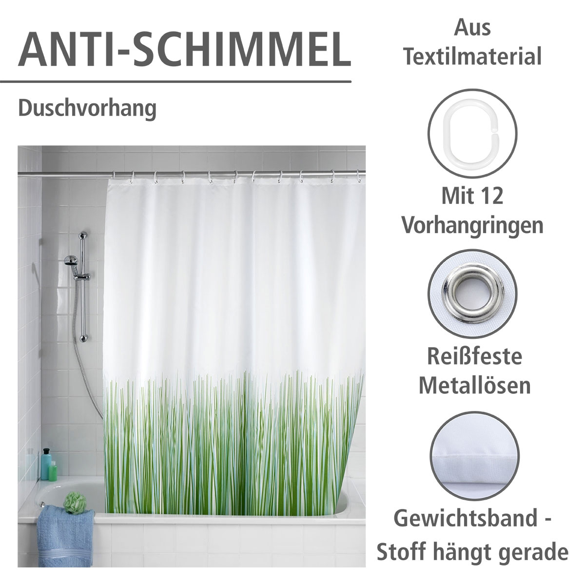 Wenko  Anti-Schimmel Duschvorhang Nature Textil Polyester 180 x 200 cm waschbar Bild 2