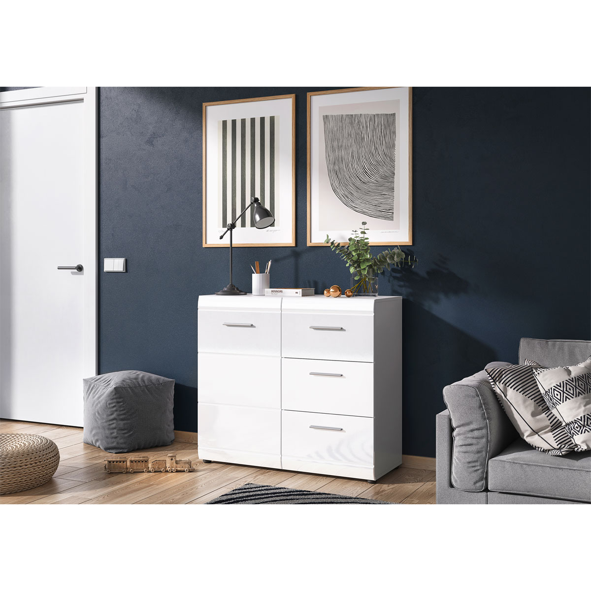 Kommode Adison Fronten in Hochglanz mit Rillenfräsung 96 x 86 x 40 cm weiß Bild 4