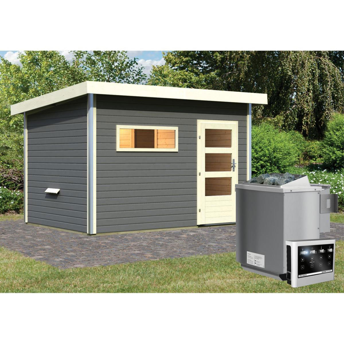 Karibu Saunahaus Skrollan 38 mm 9 kW Bio Ofen externe Strg moderne Tür terragrau Bild 6