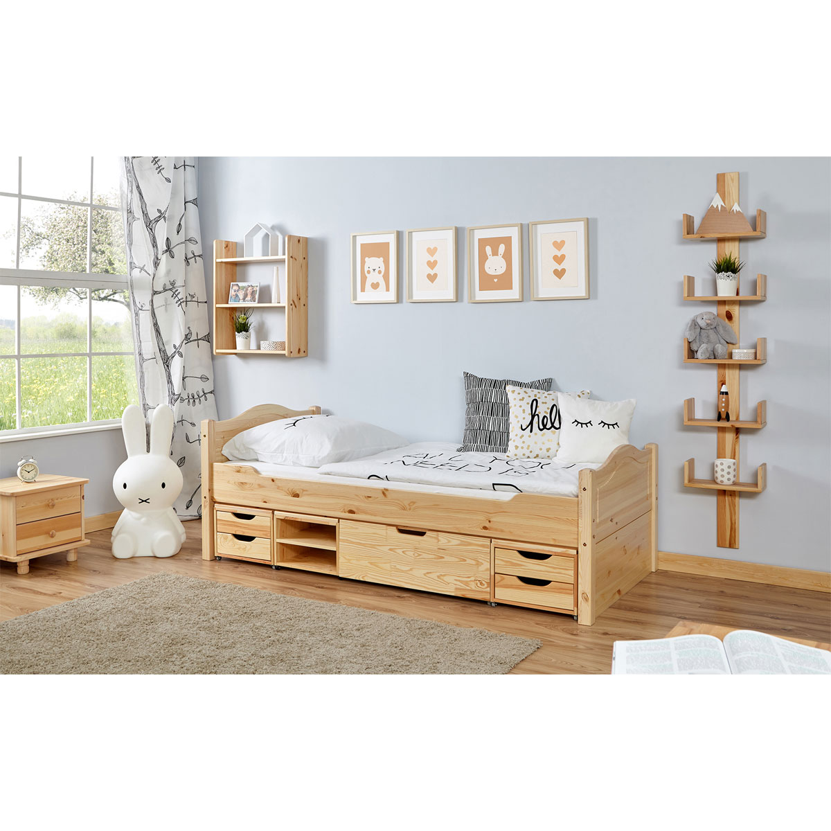 Ticaa Einzelbett Leni Kiefer mit 4er Funktionsschubkasten 100 x 200 cm Bild 1