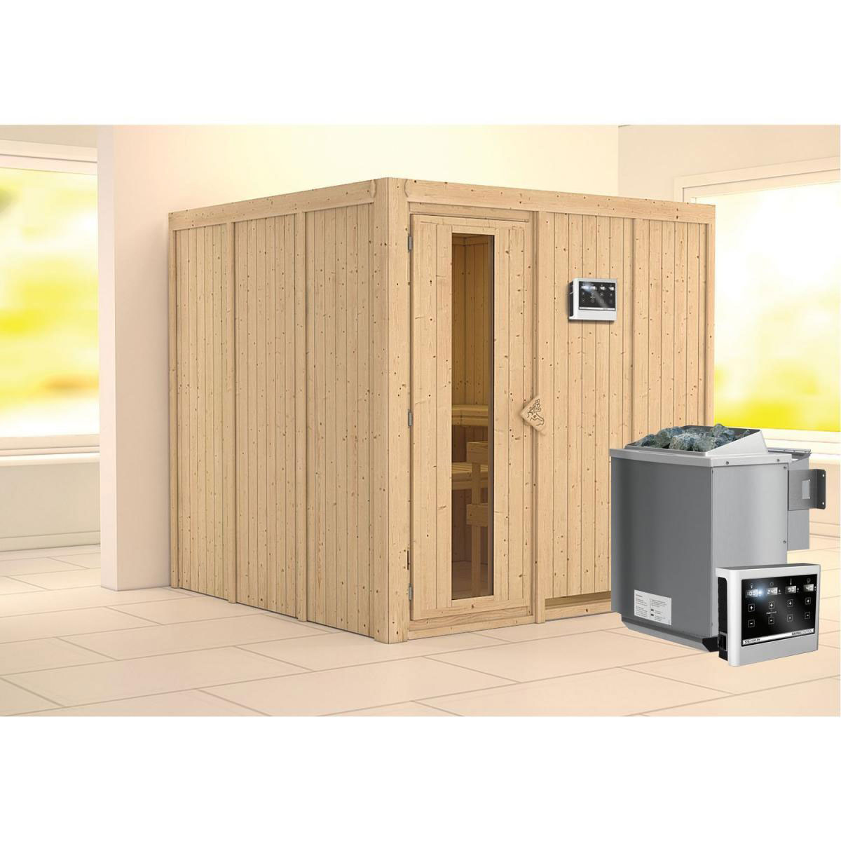 Karibu Sauna Rodin Fronteinstieg 9 kW Ofen Bio externe Strg Tür gedämmt ohne Kranz Bild 1