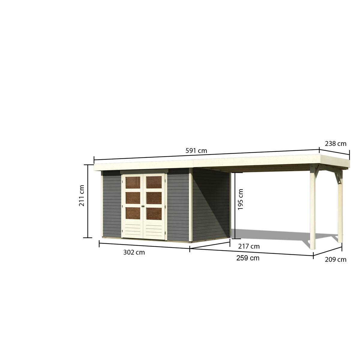 Karibu Gartenhaus Askola 4 terragrau mit Anbaudach 2.80m Bild 3