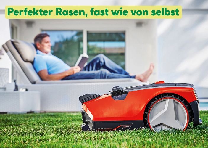 Mähroboter mäht den rasen in einem Garten