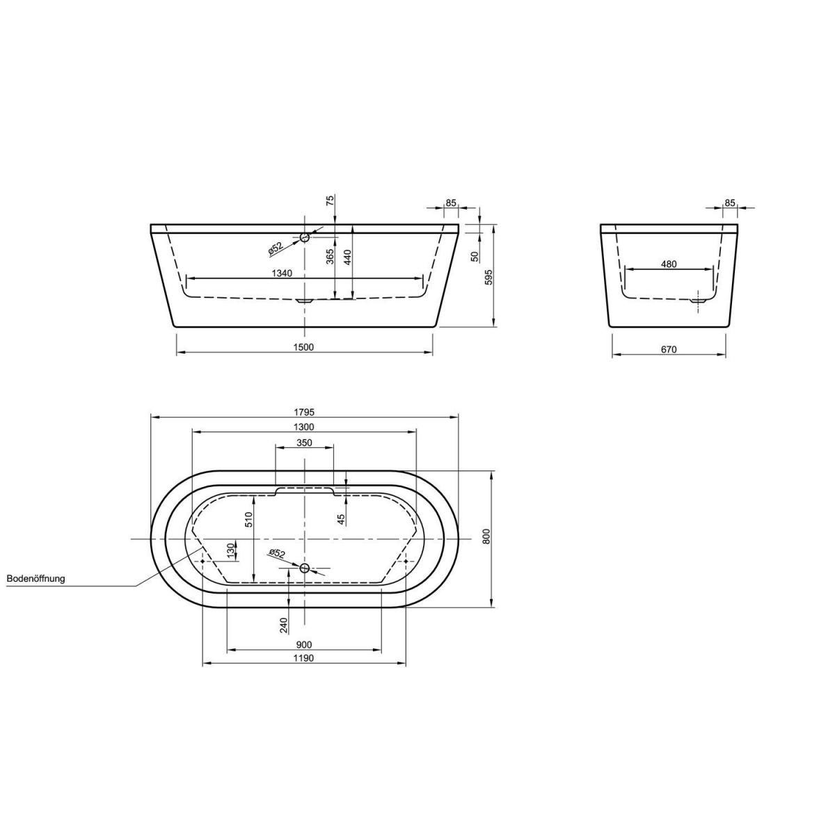 Ottofond Freistehende Badewanne Flora 1800 x 800 x 60 mm weiß Bild 3
