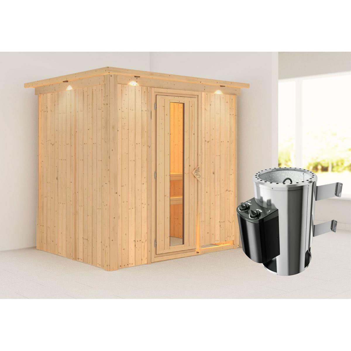 Karibu Sauna Fanja Fronteinstieg 3,6 kW Ofen integr Strg mit Kranz Energiespartür Bild 6