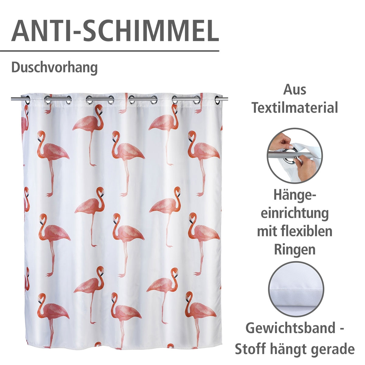 Wenko  Anti-Schimmel Duschvorhang Flamingo Flex Textil Polyester 180 x 200 cm waschbar Bild 2