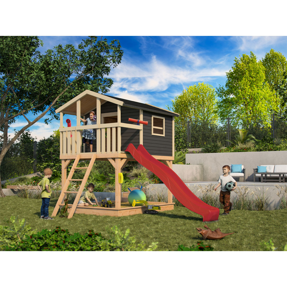 Karibu Stelzenhaus Benjamin terragrau inkl Rutsche rot Bild 6