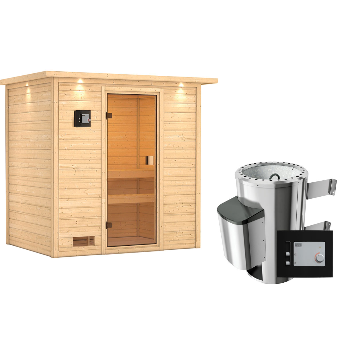 Karibu Sauna Selena 3,6 kW mit Kranz naturbelassen externe Steuerung Bild 3