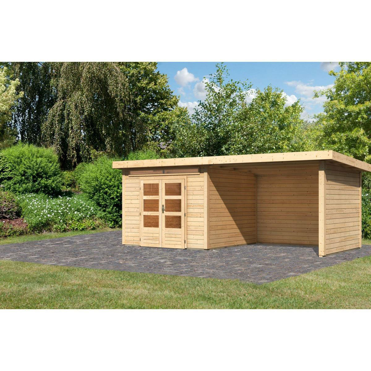 Karibu Gartenhaus-Set Kandem 6 mit Anbaudach 2,95 m mit Seiten- und Rückwand naturbelassen