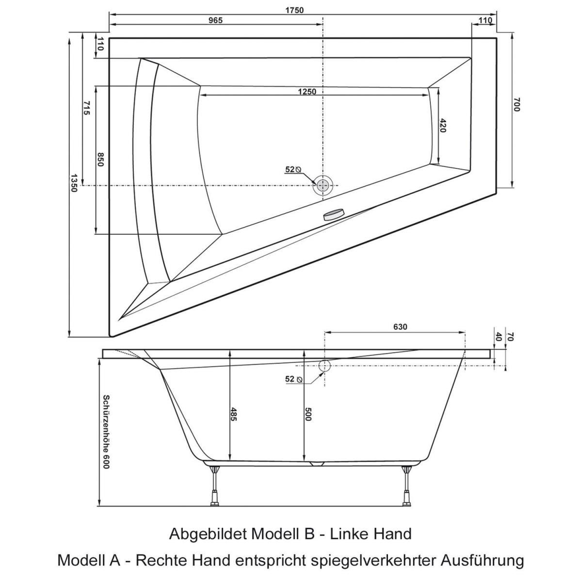 Ottofond Badewanne Galia II Modell B 175 x 135 x 70 cm weiß Bild 3