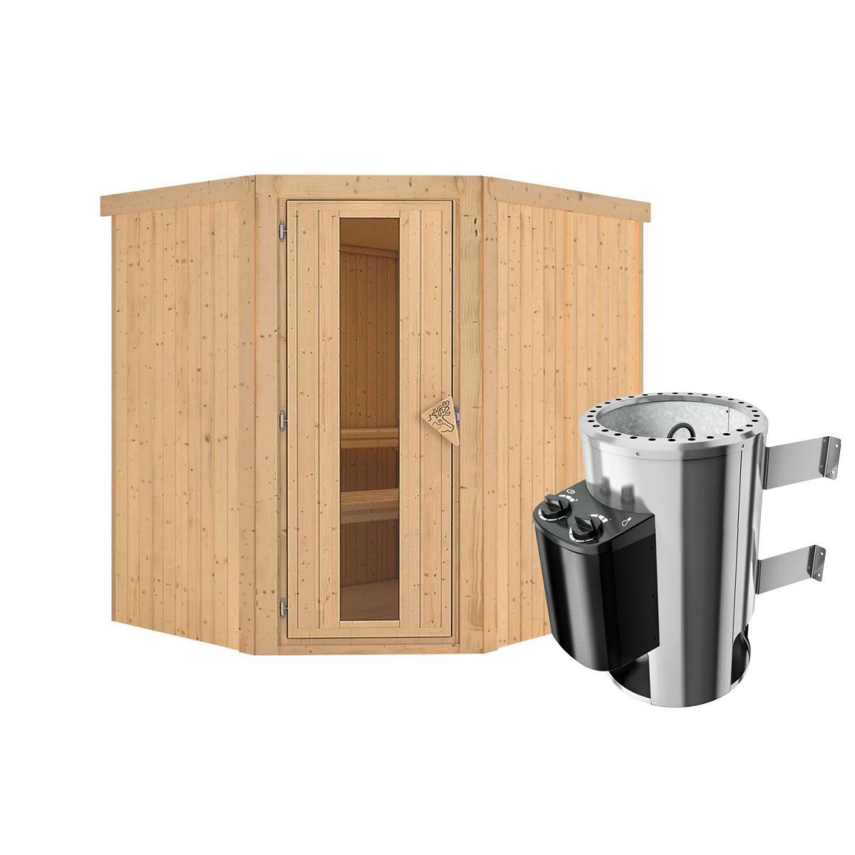 Karibu Sauna Lilja Eckeinstieg 3,6 kW Ofen integr Strg kein Kranz Klarglas-Tür Bild 2