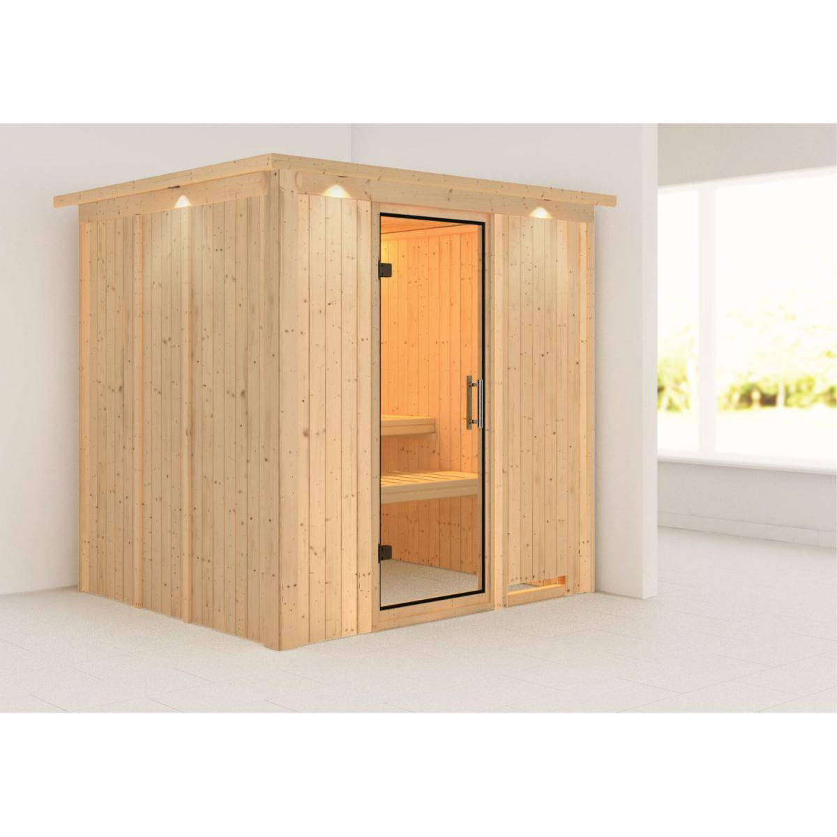 Karibu Sauna Daria Fronteinstieg ohne Ofen mit Kranz Klarglas-Tür Bild 6