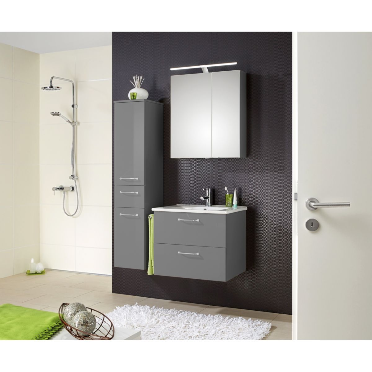 Badblock Bari quarzgrau matt bestehend aus LED-SPS+WBU inkl. Keramikbecken 65cm breit