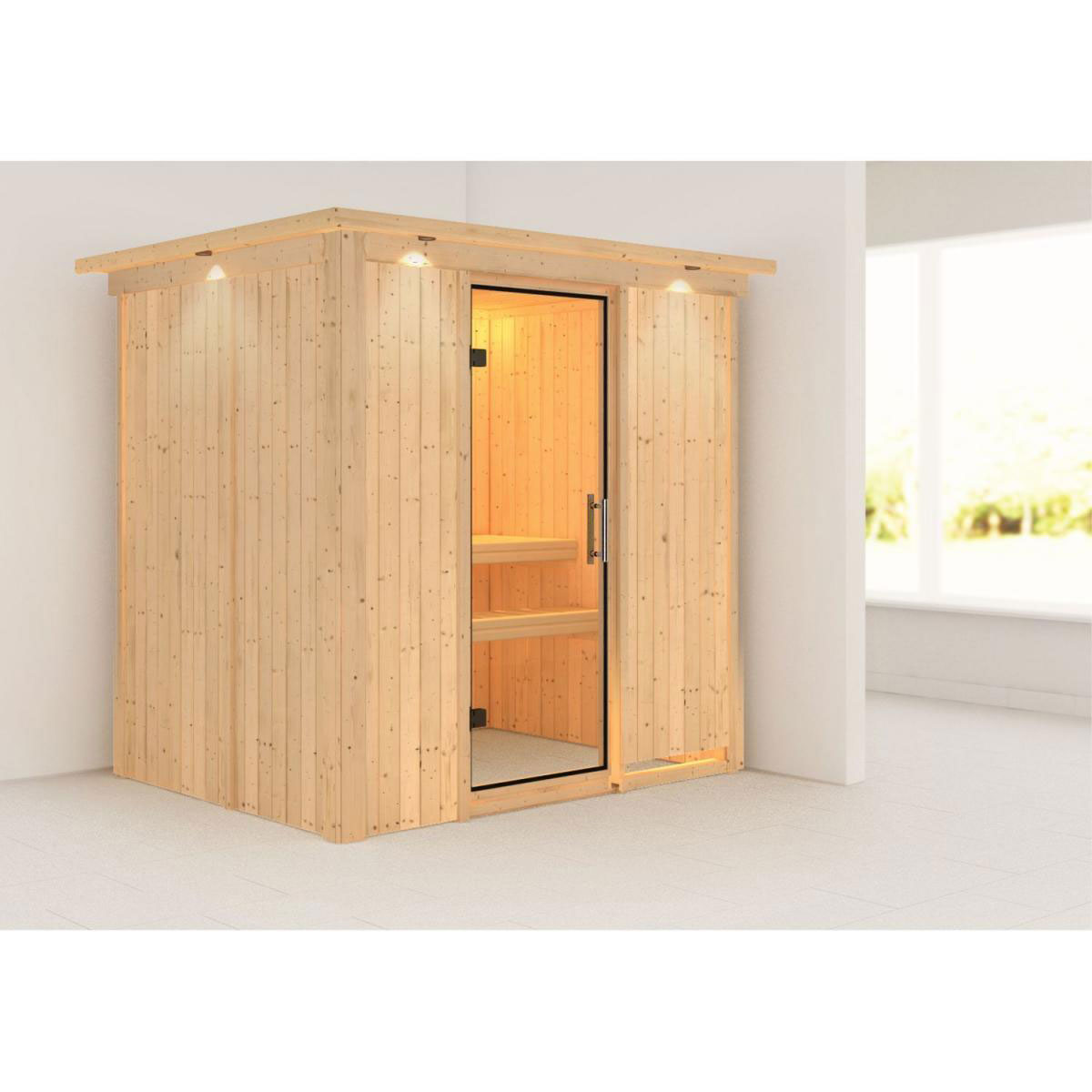 Karibu Sauna Fanja Fronteinstieg ohne Ofen mit Kranz Klarglas-Tür Bild 7