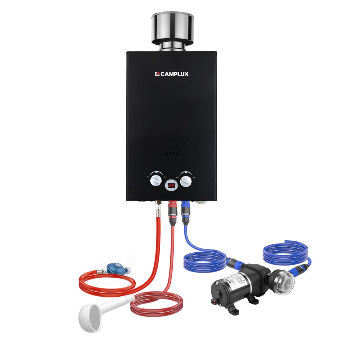 Camplux 10L Gas-Durchlauferhitzer mit 12L Wasserpumpe und Regenschutzhaube, schwarz, 50 mbar
