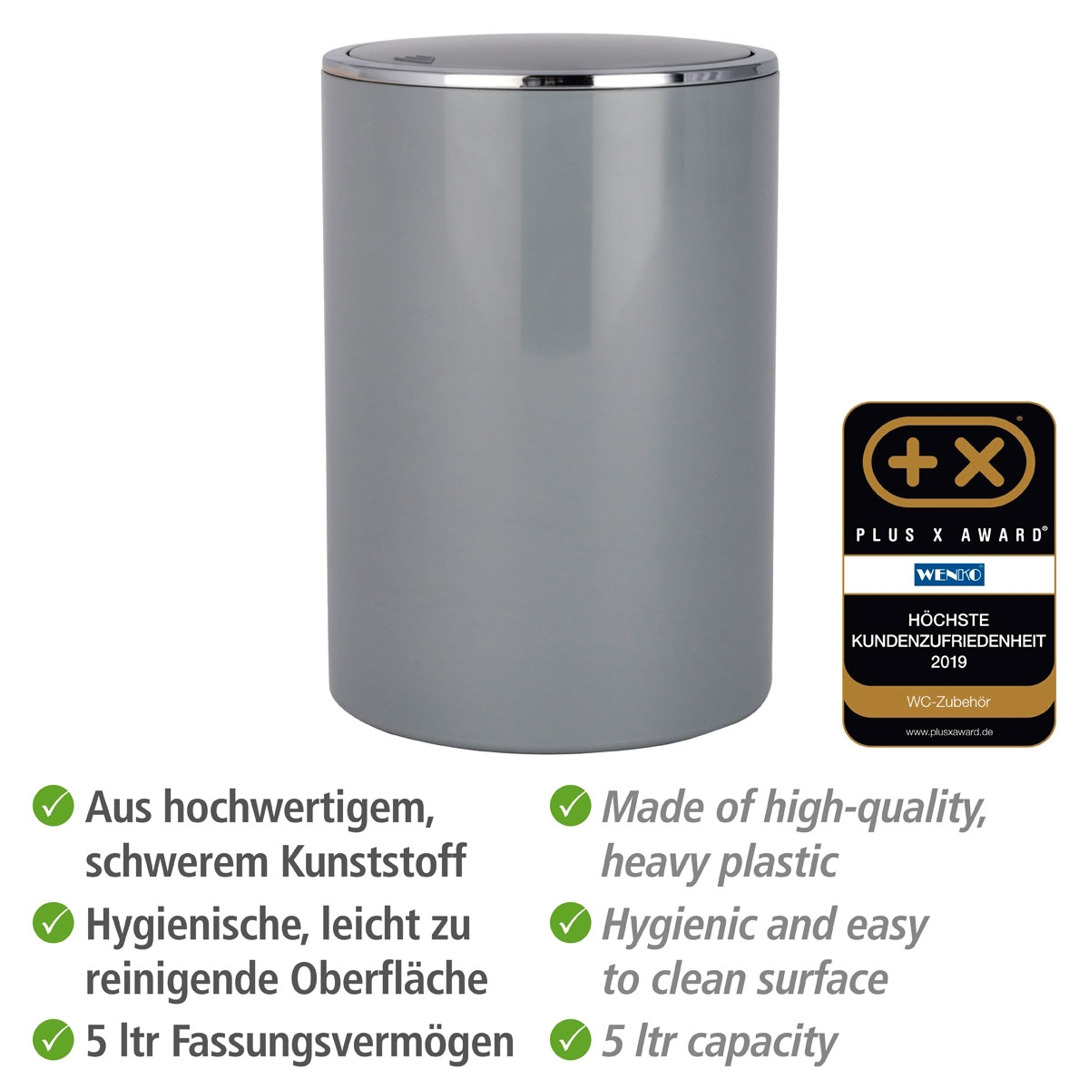 Wenko  Schwingdeckeleimer Inca Grey hochwertiger Kunststoff 5 L Bild 3
