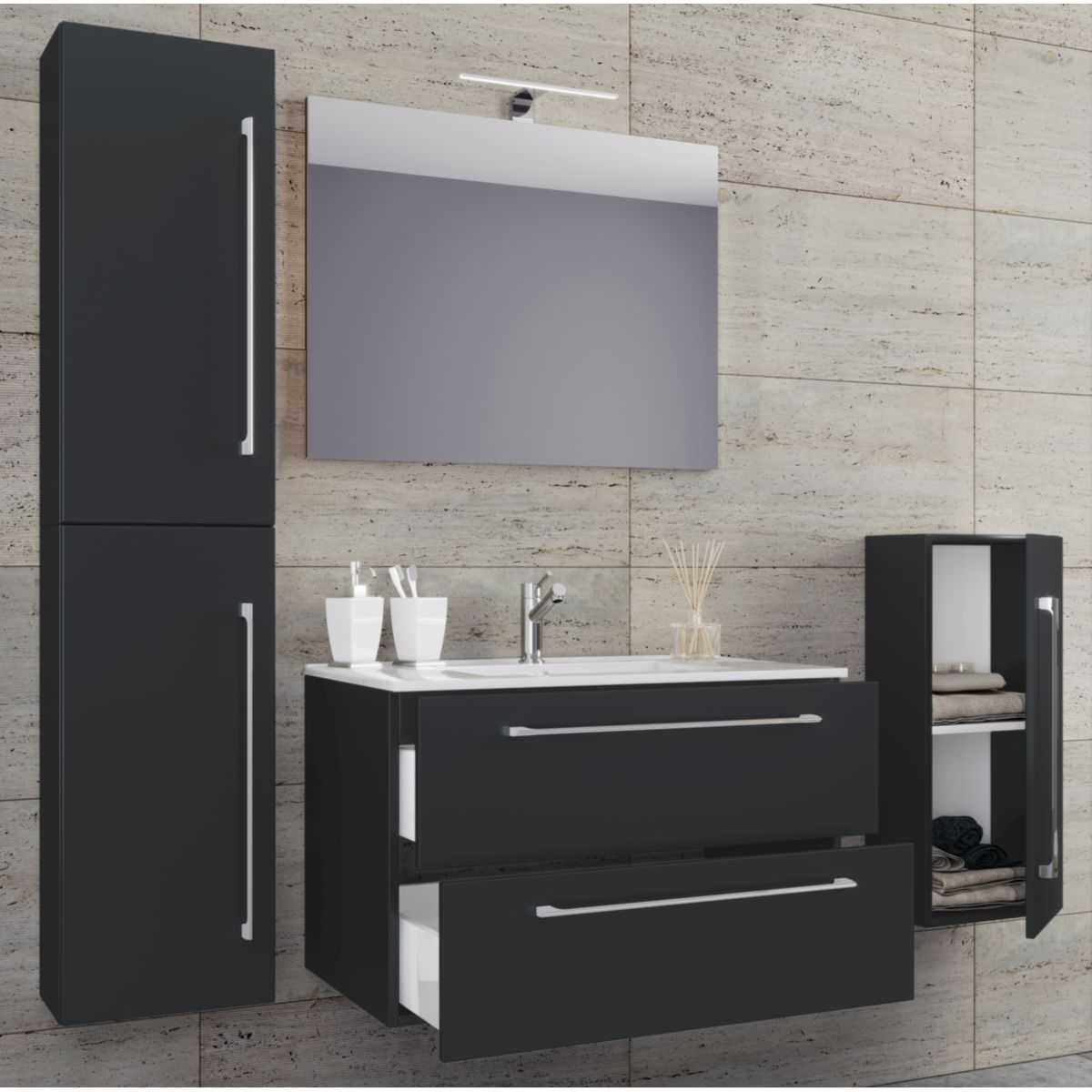 Waschplatz 60 cm 5-teiliges Set 2 Schubfächer mit Spiegel schwarz Bild 2