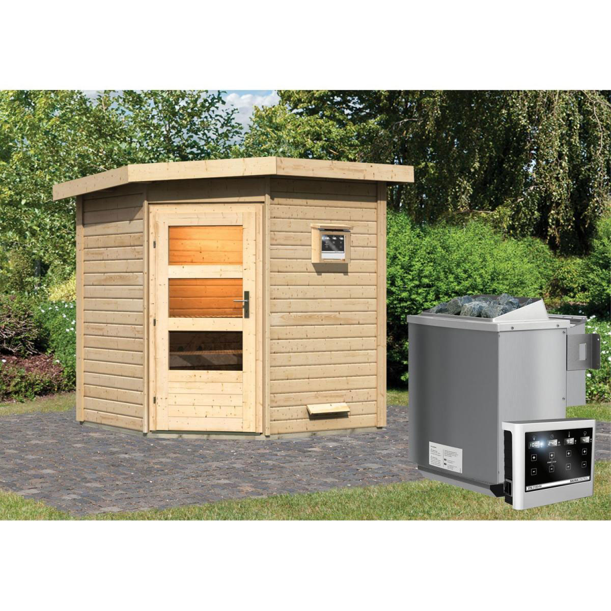 Karibu Saunahaus Pekka 38 mm 9 kW Bio Ofen externe Strg moderne Tür Bild 6