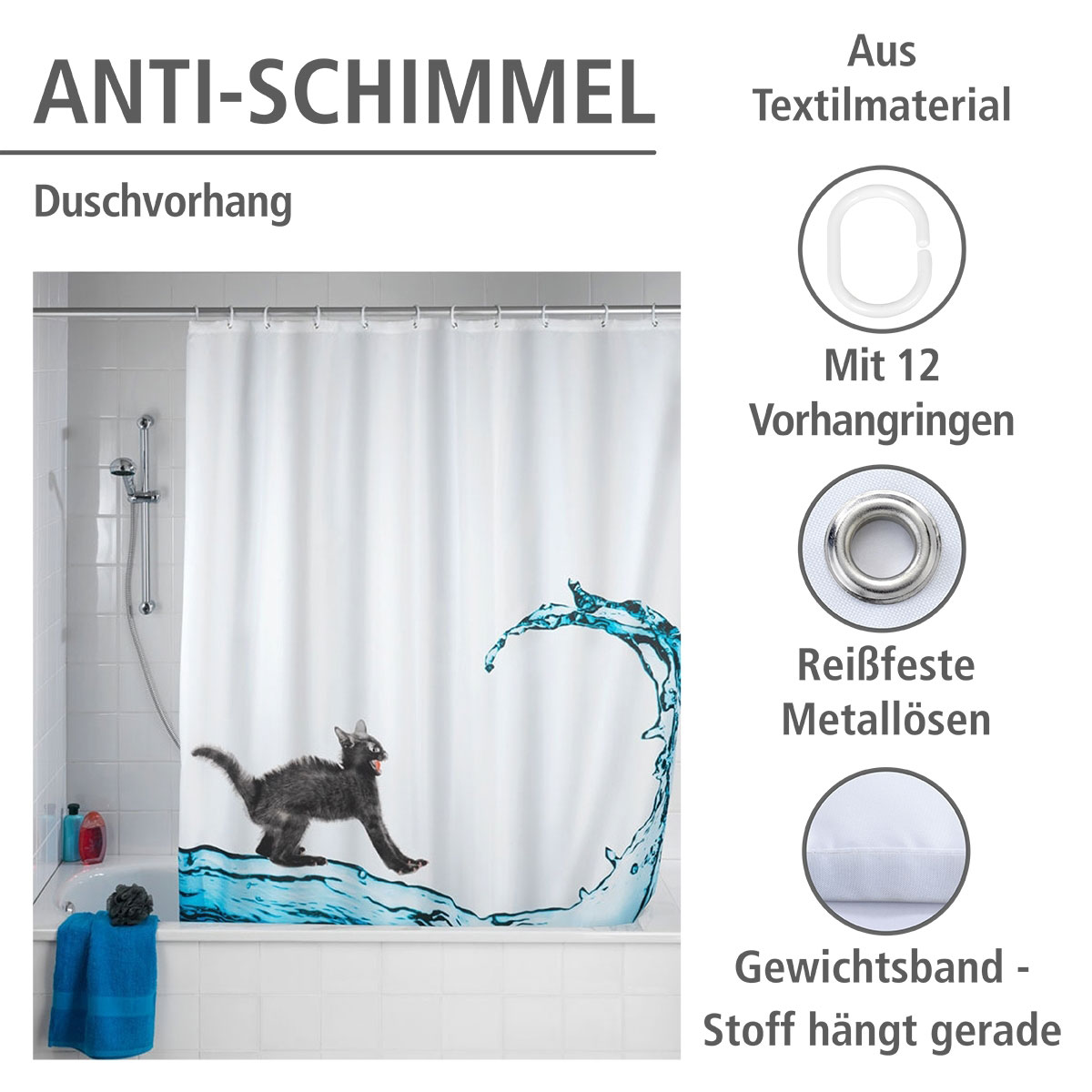 Wenko  Anti-Schimmel Duschvorhang Cat Textil Polyester 180 x 200 cm waschbar Bild 2