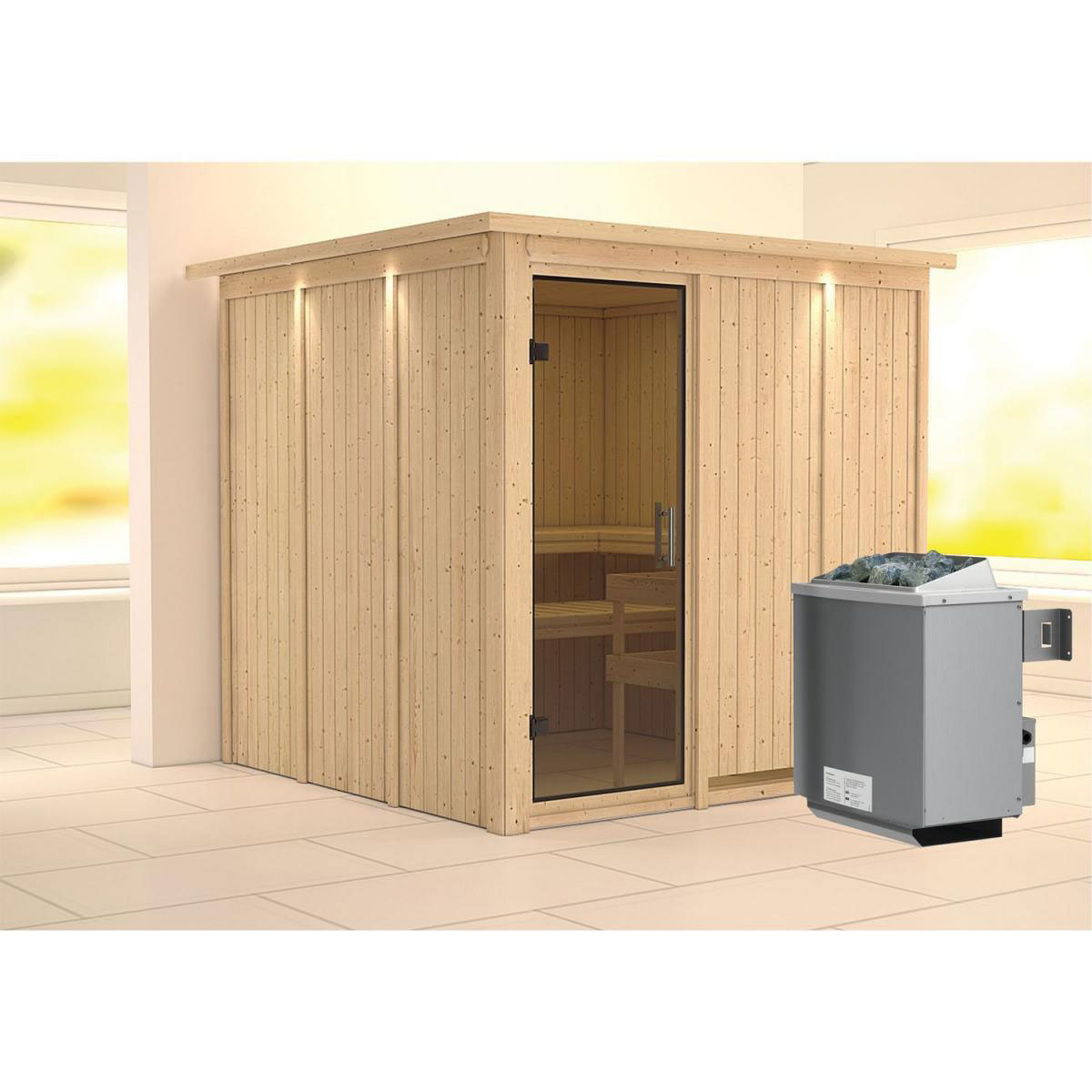 Karibu Sauna Rodin Fronteinstieg 9 kW Ofen integr Strg Tür graphit mit Kranz