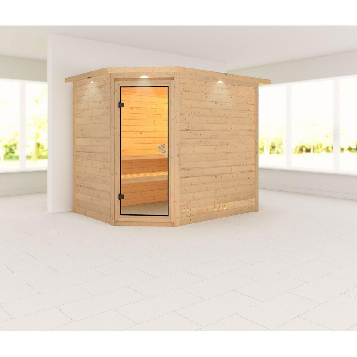 Karibu Massivholzsauna Tanami 40 mm ohne Ofen mit Kranz