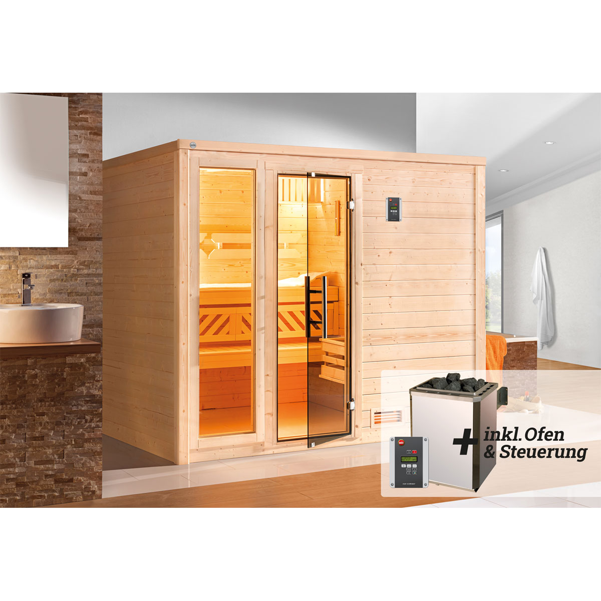 Weka  Premium Massivholz-Sauna Bergen Größe 3 Sparset 7,5 kW OS Glastuer Bild 2