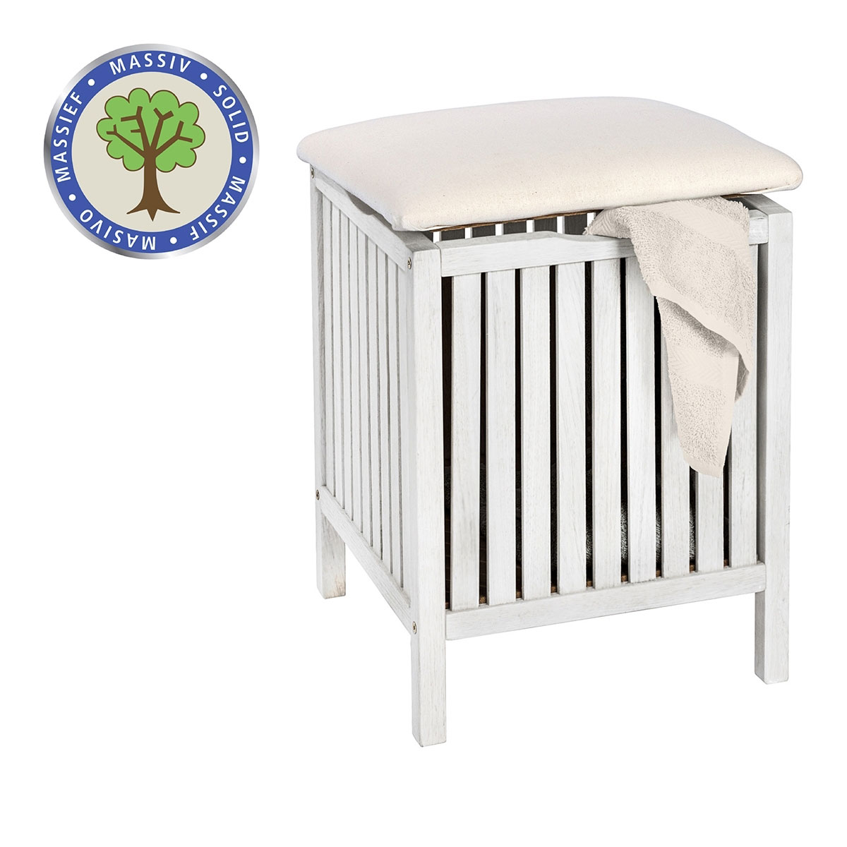 Wenko  Hocker Norway Weiß mit Wäschesammler Badhocker massives Walnussholz Bild 2