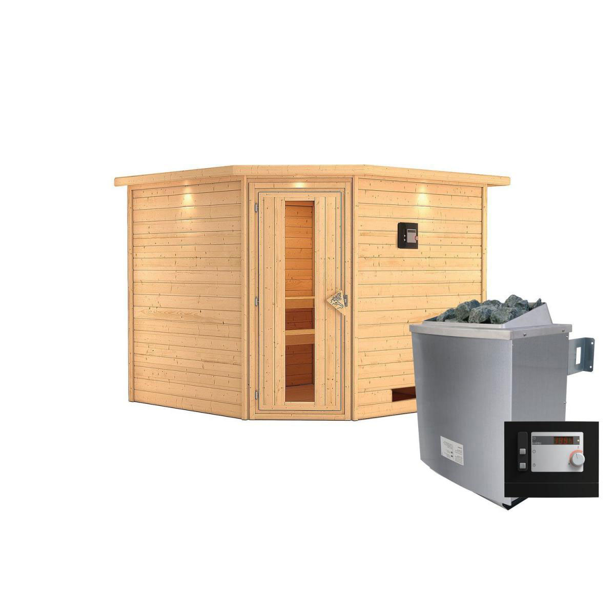 Karibu Sauna Leona Eckeinstieg 9 kW Ofen externe Strg mit Kranz Energiespartür Bild 1