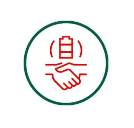 Ein Icon zeigt einen Handschlag unter einem Akkusymbol, umgeben von einem grünen Kreis.