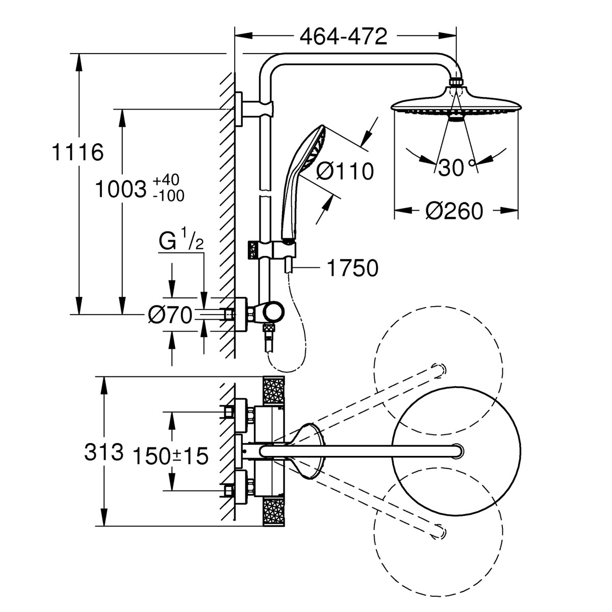 Grohe Duschsystem Vitalio Joy System 260 mit Thermostatbatterie für die Wandmontage Bild 2