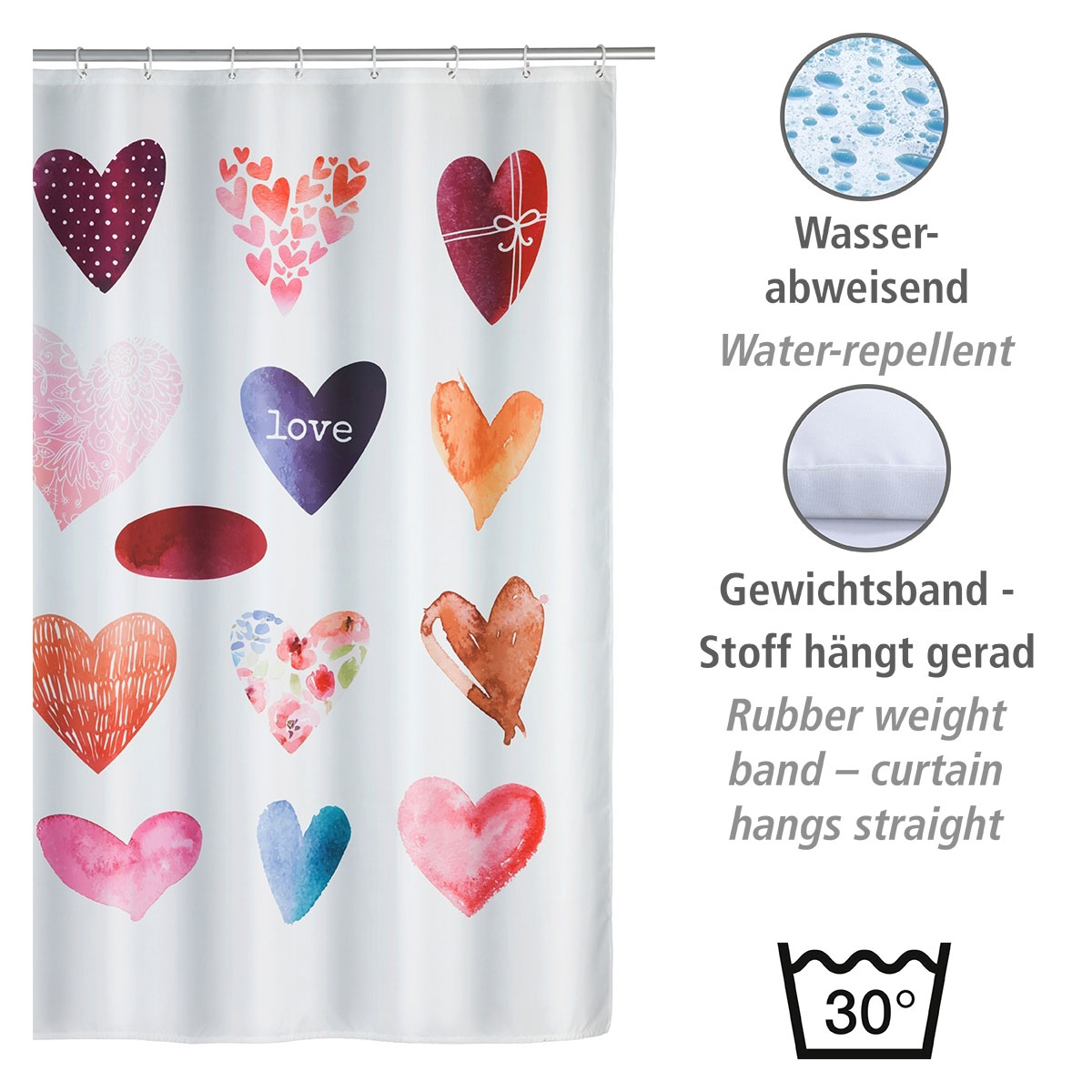 Wenko  Duschvorhang Love Textil Polyester 180 x 200 cm waschbar Bild 3