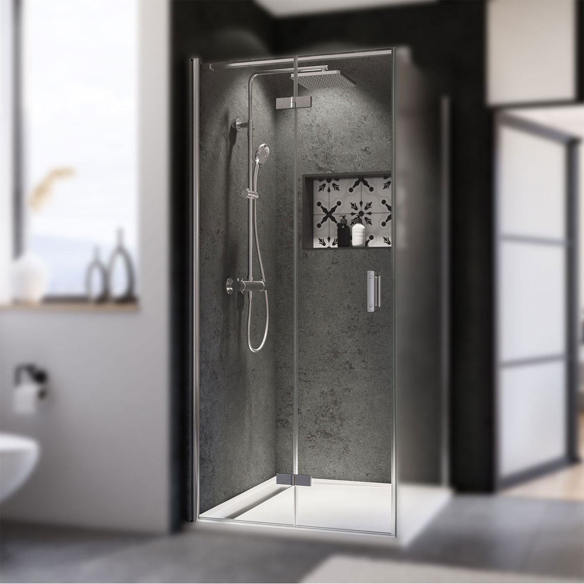 Breuer  Drehfalttür Panorama für Seitenwand Anschlag links alu chromeffekt grau getönt 900 mm Bild 2