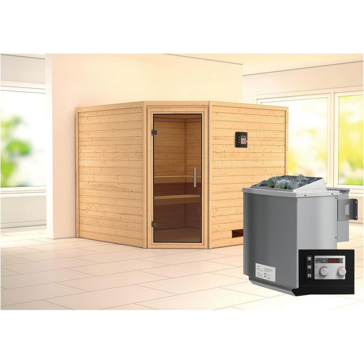 Karibu Sauna Leona Eckeinstieg 9 kW Bio Ofen externe Strg modern kein Kranz graphitfarbene Tür Bild 6