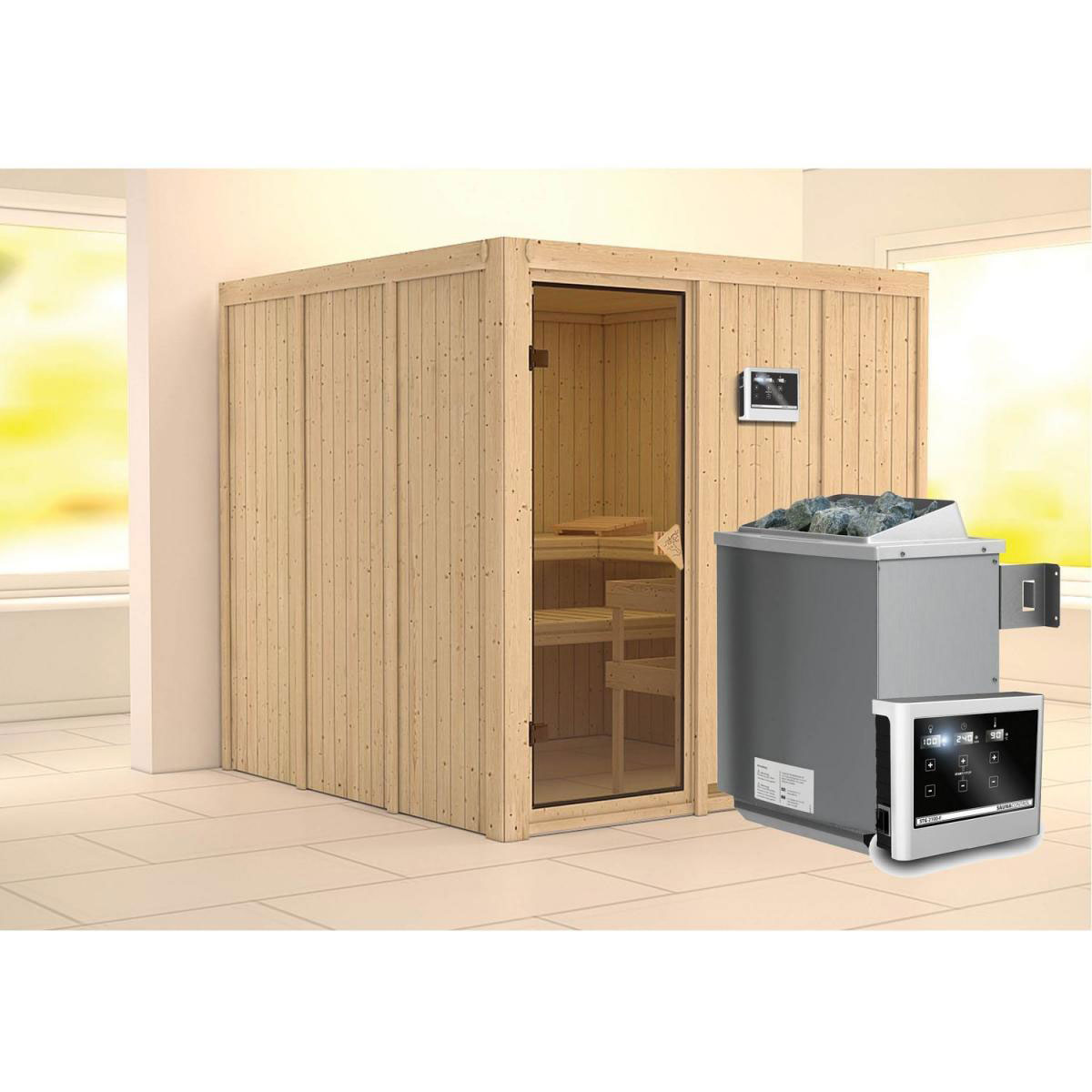Karibu Systemsauna Rodin 68 mm 9 kW Ofen externe Strg modern ohne Dachkranz