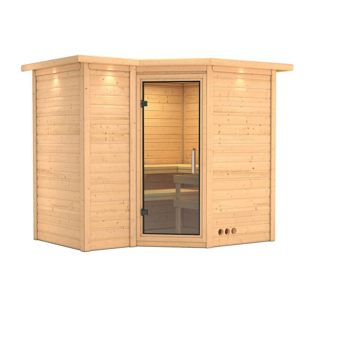 Karibu Sauna Sahib 2 Eckeinstieg ohne Ofen mit Kranz Klarglas-Tür Bild 1