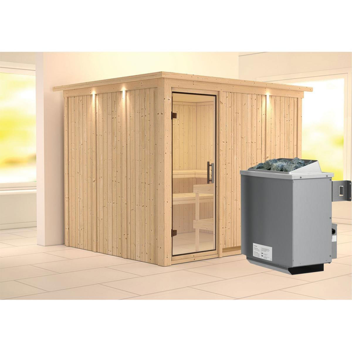 Karibu Sauna Gobin Fronteinstieg 9 kW Ofen integr Strg mit Kranz Klarglas-Tür Bild 6