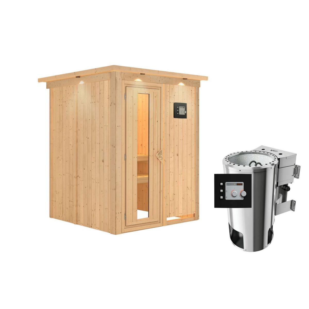 Karibu Sauna Minja Fronteinstieg 3,6 kW Bio Ofen externe Strg modern mit Kranz Energiespartür Bild 1