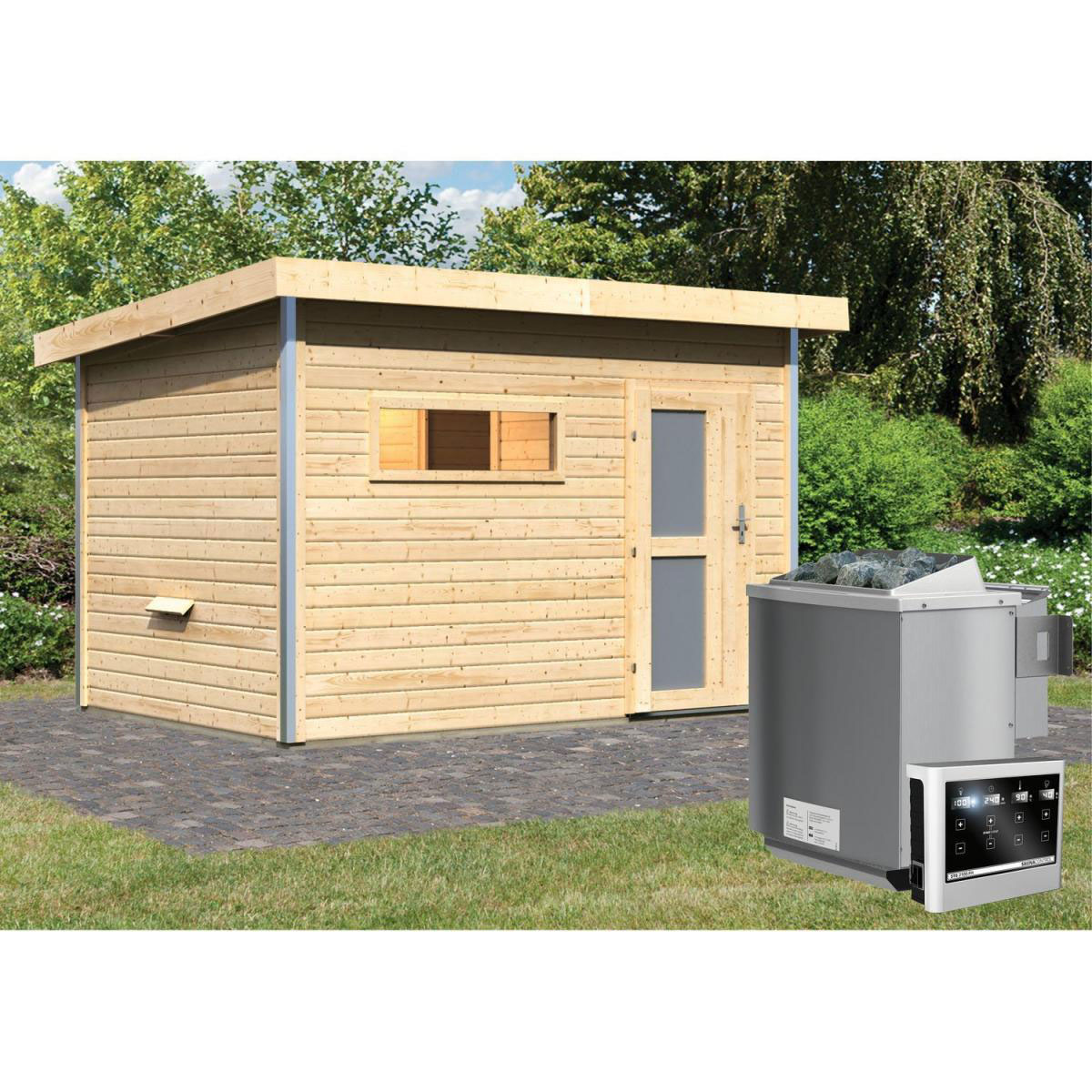 Karibu Saunahaus Skrollan 2 38 mm 9 kW Bio Ofen externe Strg moderne Tür Bild 6