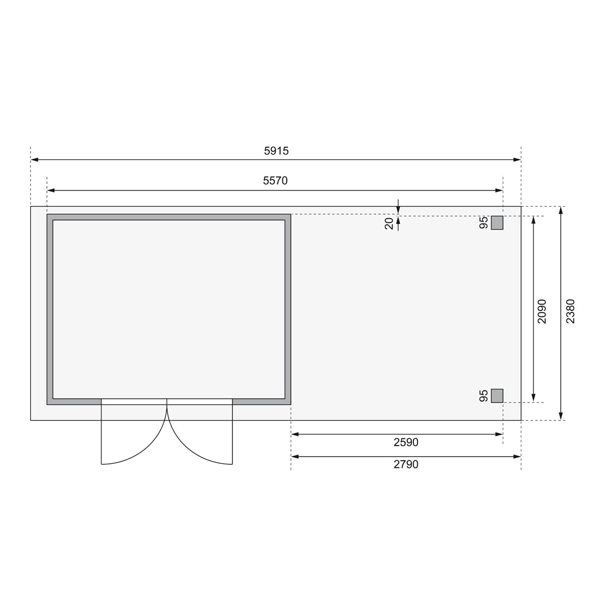Karibu BBH Kerko 4 Set mit Anbaudach naturbelassen Bild 8