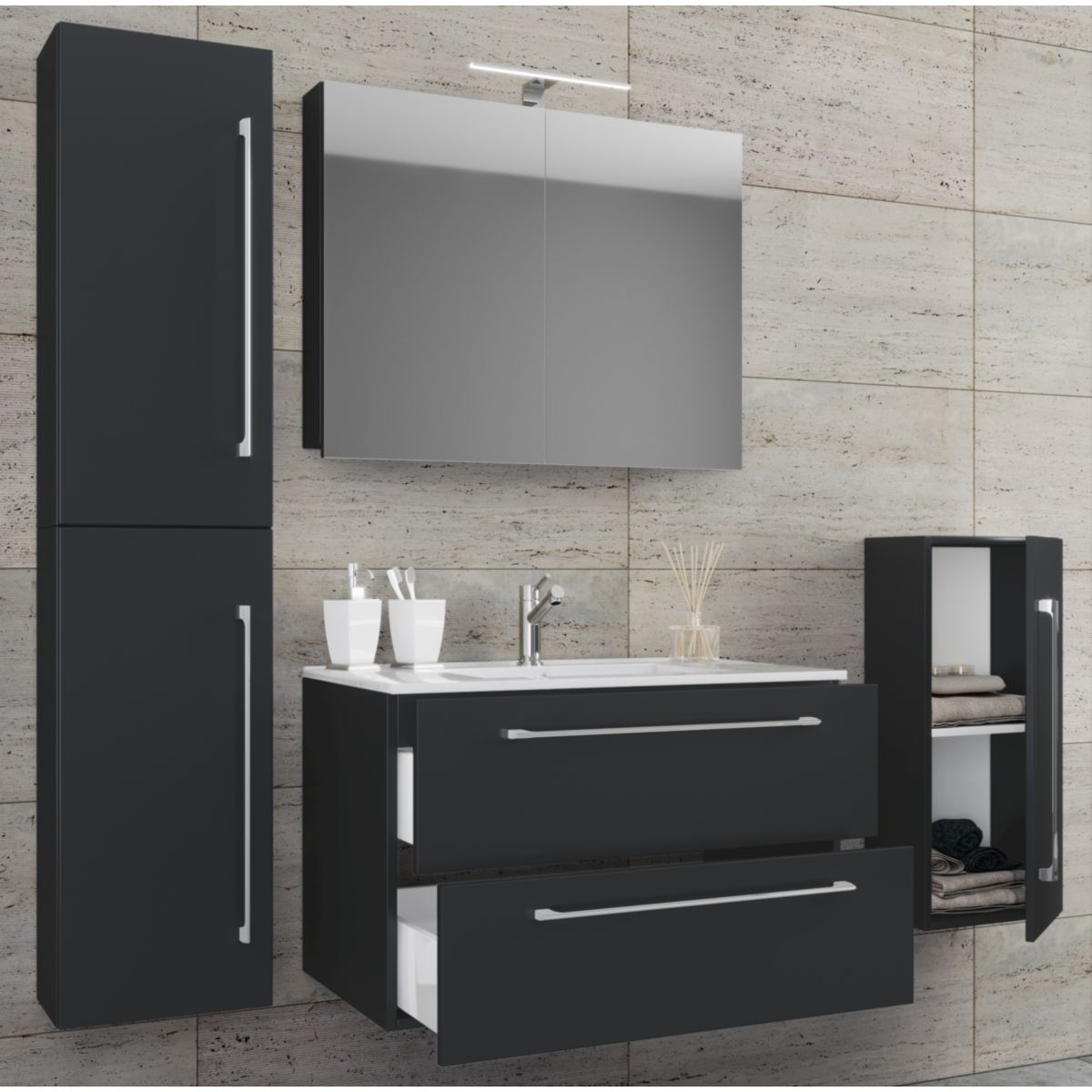 Waschplatz 60 cm 5-teiliges Set 2 Schubfächer mit Spiegelschrank schwarz Bild 2