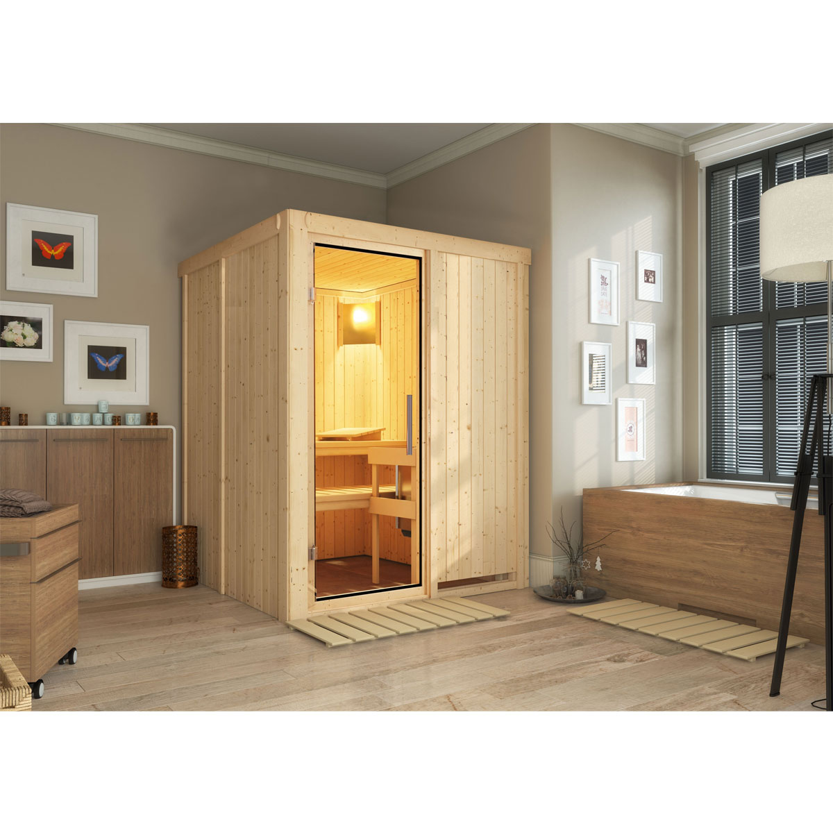 Karibu Sauna Norin Fronteinstieg ohne Ofen kein Kranz Klarglastür Bild 1