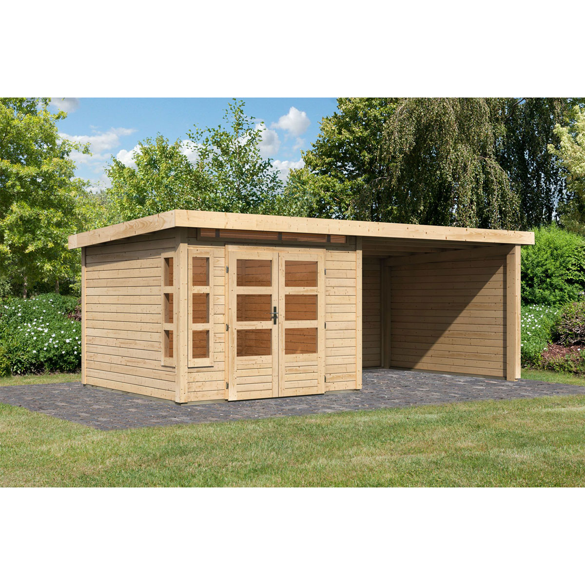 Karibu  Blockbohlenhaus Kastorf 6 naturbelassen mit Anbaudach und Seiten Bild 1