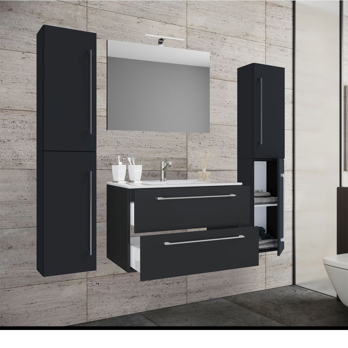 Waschplatz 80 cm 5-teiliges Set 2 Schubfächer mit Spiegel schwarz