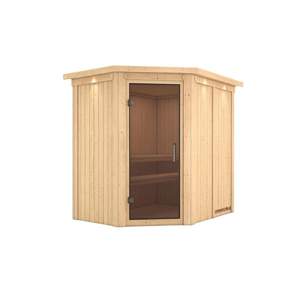 Karibu Sauna Saja Eckeinstieg ohne Ofen mit Kranz graphitfarbene Glastür Bild 1