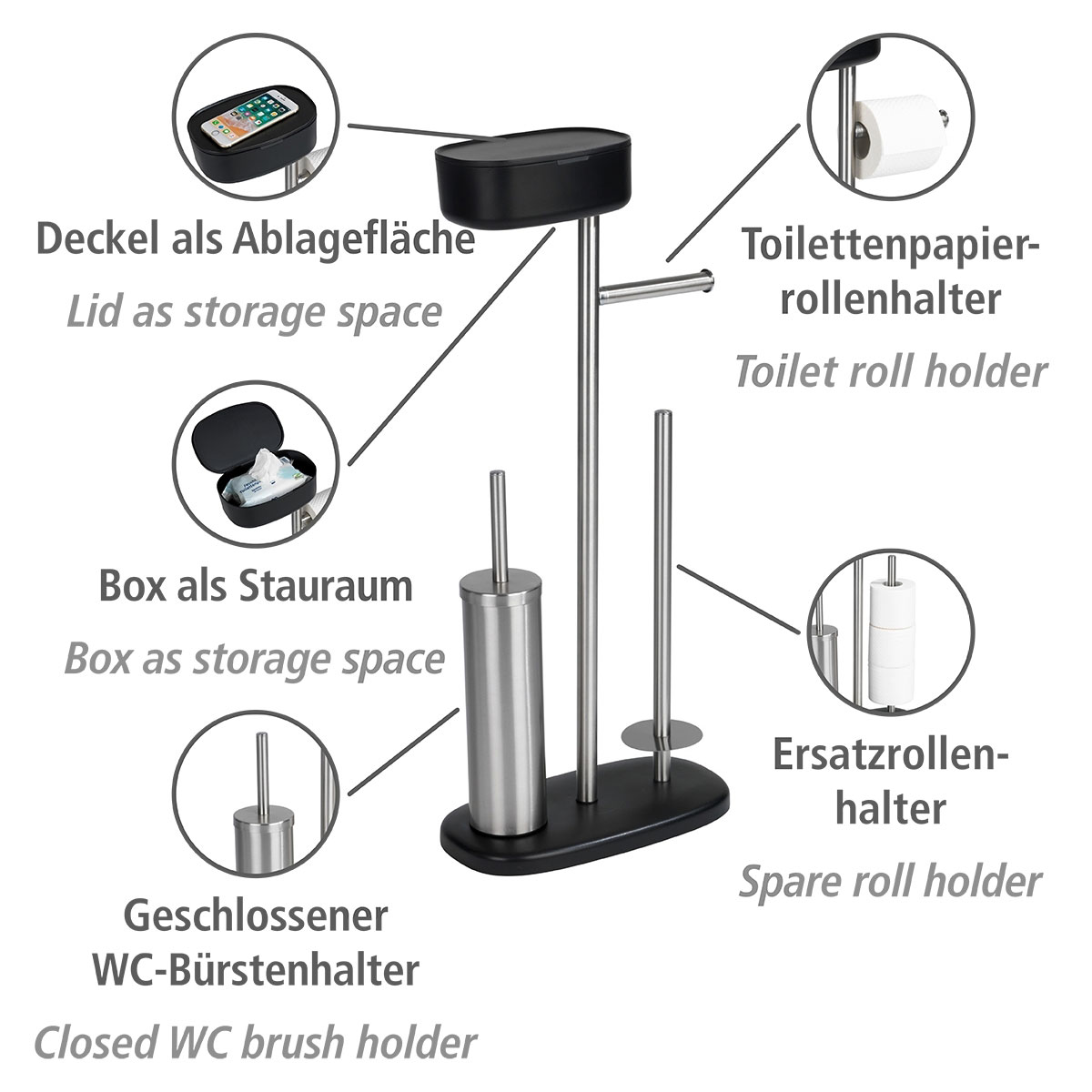 Wenko  Stand WC-Garnitur mit Box Rivazza Schwarz integrierter Toilettenpapierhalter Ersatzrollenhalter und WC-Bürstenhalter mit Ablagebox Bild 2