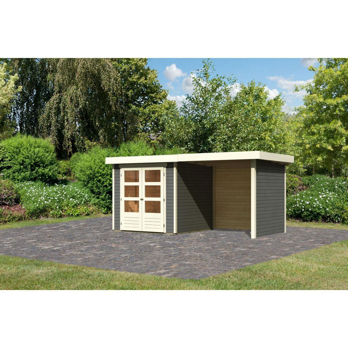 Karibu Gartenhaus-Set Askola 2 mit Anbaudach 2,40 m mit Seiten- und Rückwand terragrau