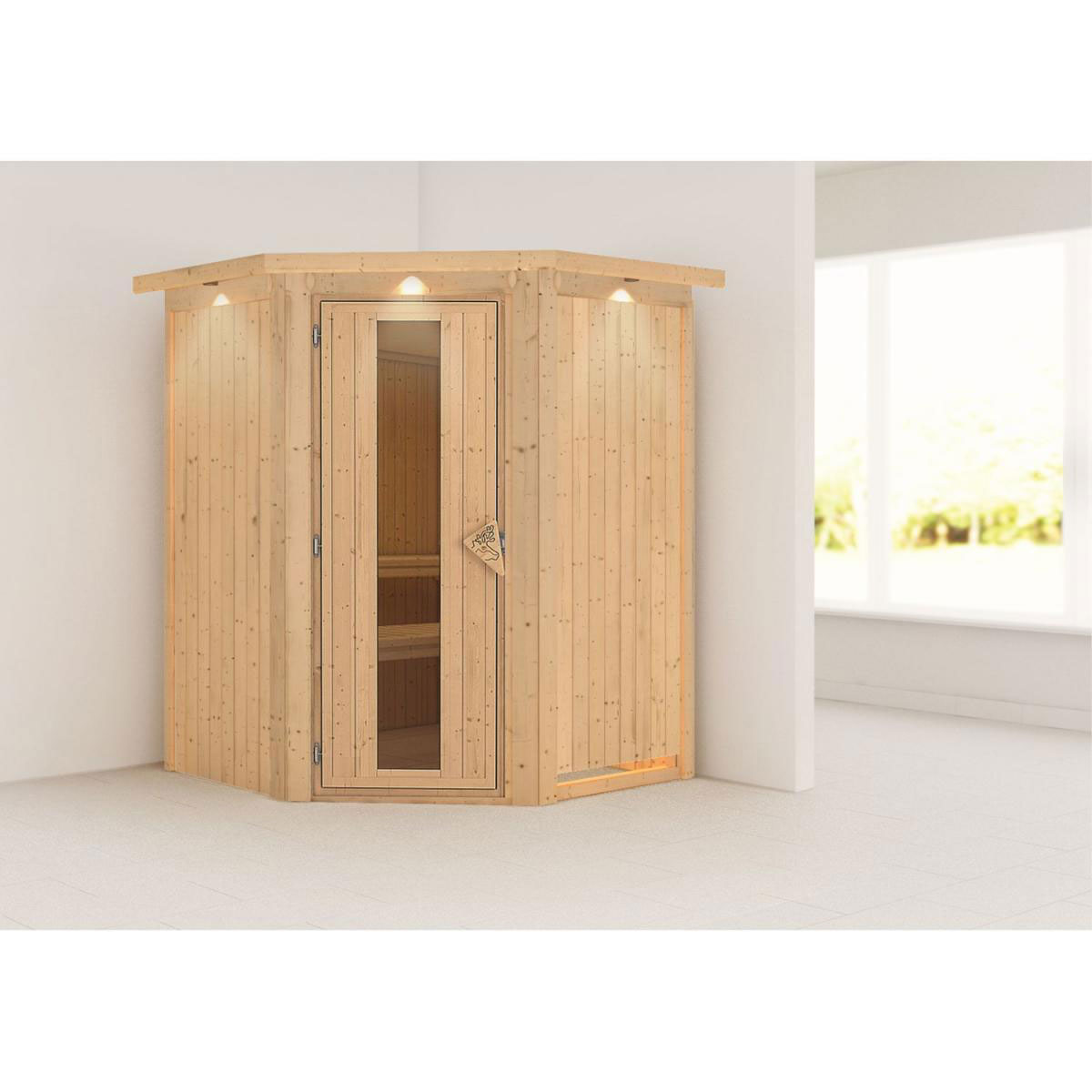 Karibu Sauna Nanja Eckeinstieg ohne Ofen mit Kranz Energiespartür Bild 6