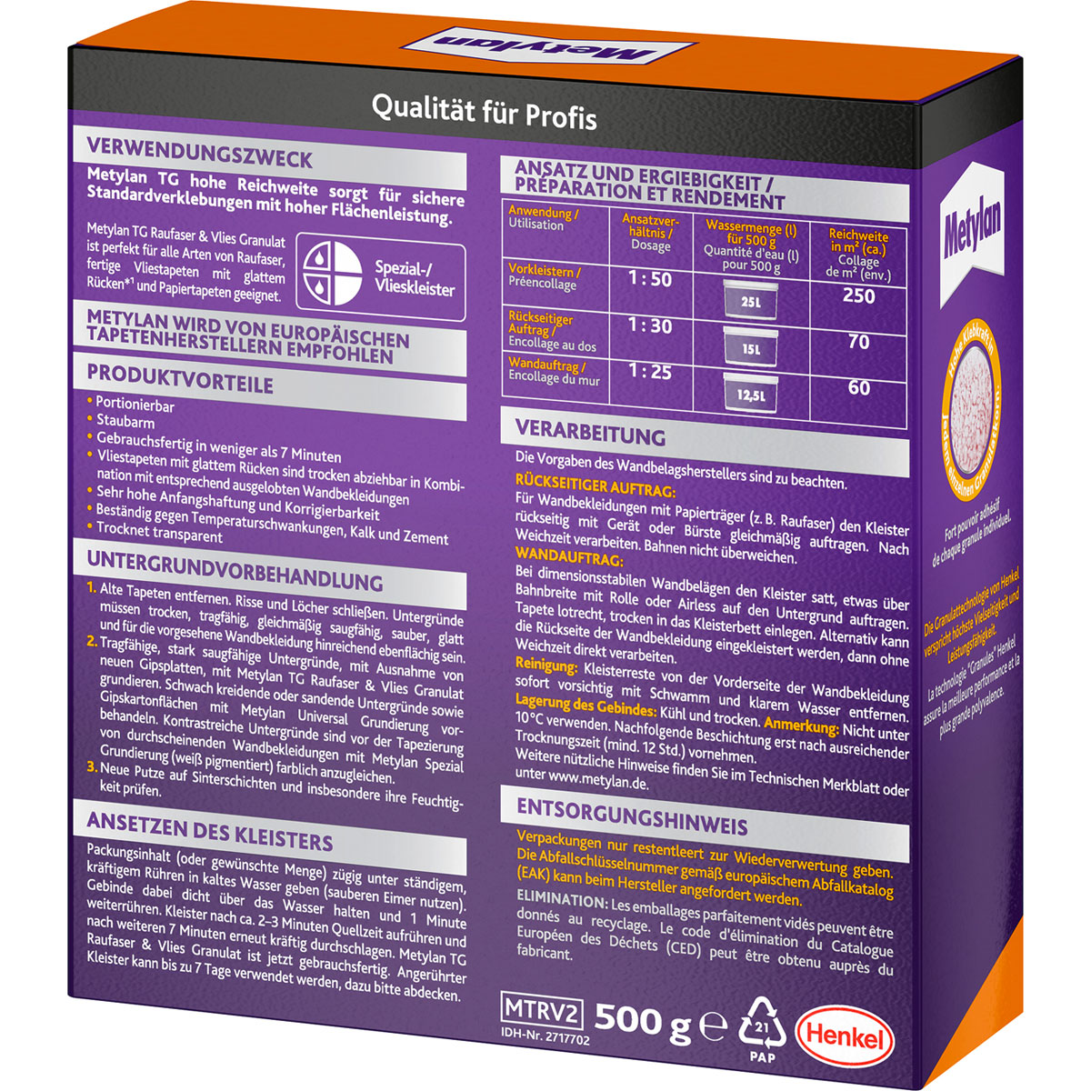 Metylan  Tapetenkleister Raufaser & Vlies Granulat TG Hohe Reichweite 500 g Bild 2