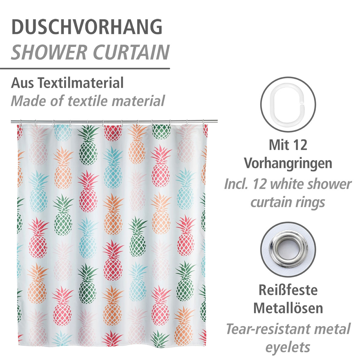 Wenko  Duschvorhang Ananas Textil Polyester 180 x 200 cm waschbar Bild 2